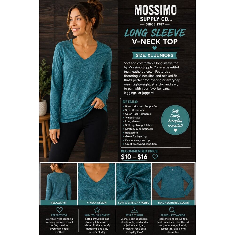 Mossimo Supply Co Teal Heathered Long Sleeve V Neck Top XL Juniors